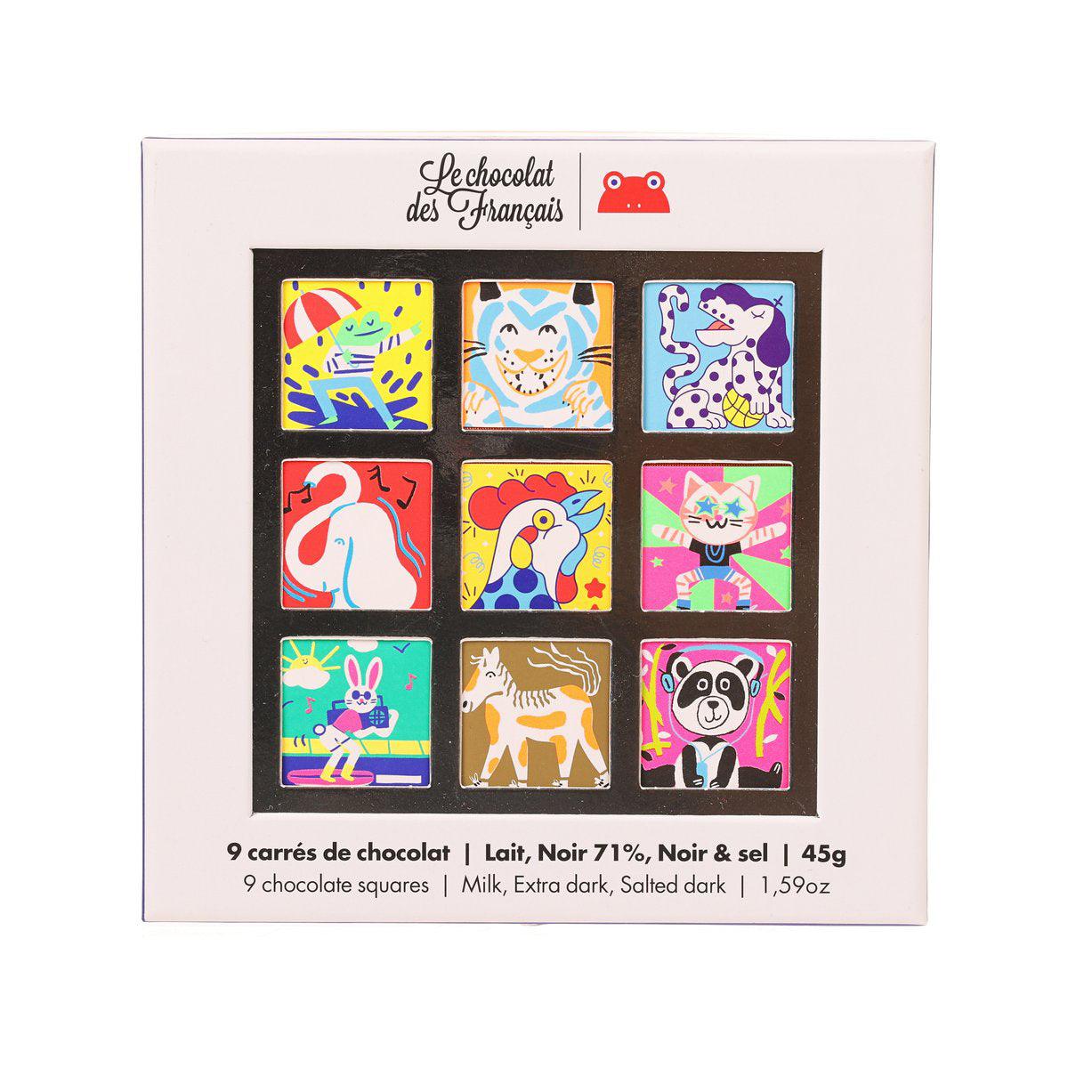 LE CHOCOLAT DES FRANCAIS 9 Assorted Organic Chocolate Squares Gift Box - Animal (45g)