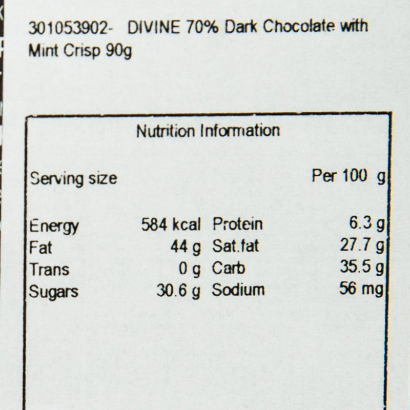 DIVINE Smooth 70% Dark Chocolate with Mint Crisp  (90g)