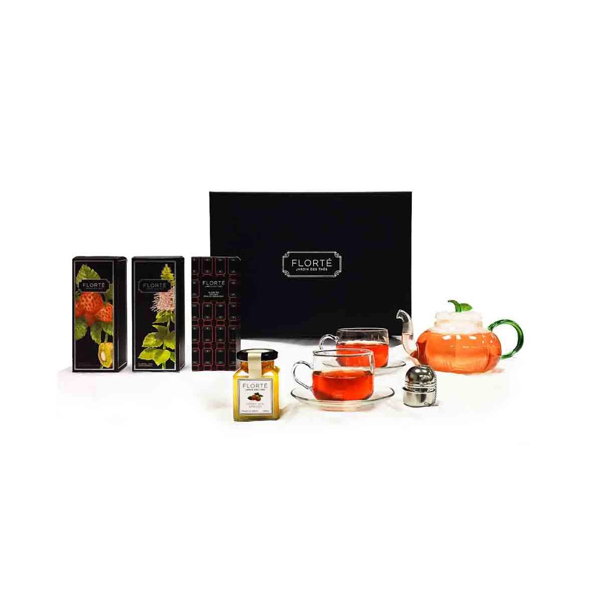 FLORTE Three Loose Teas, One Honey, One Tea Strainer, One Tea Pot and Two Cups & Saucers Gift Set (1set)