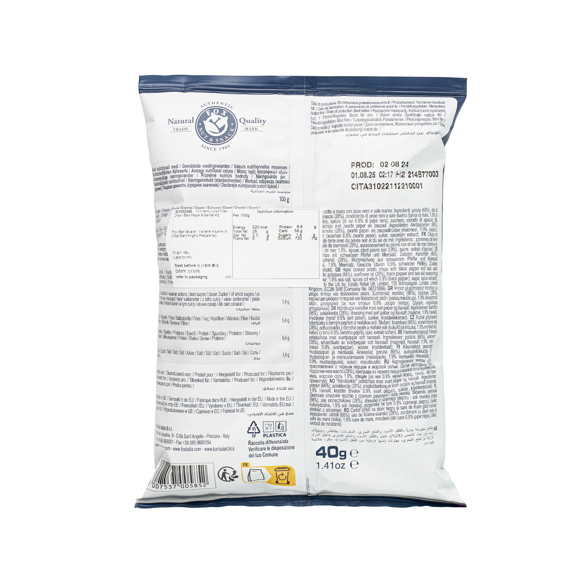 FOX Hand Cooked Potato Chips - Black Pepper & Sea Salt  (40g)