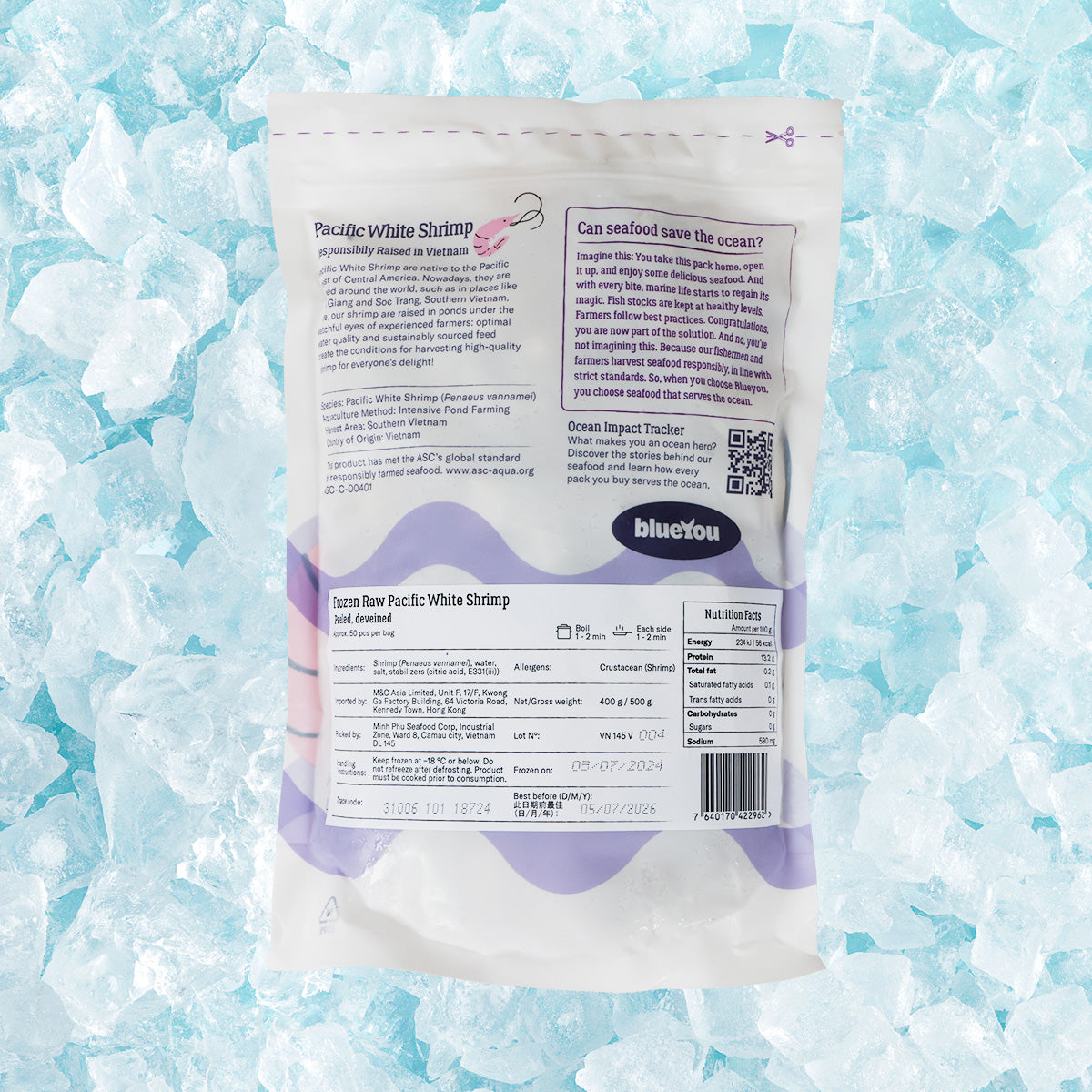 BLUEYOU Vietnamese Frozen Pacific White Shrimp 51/60 (Tail Off) - ASC  (400g)