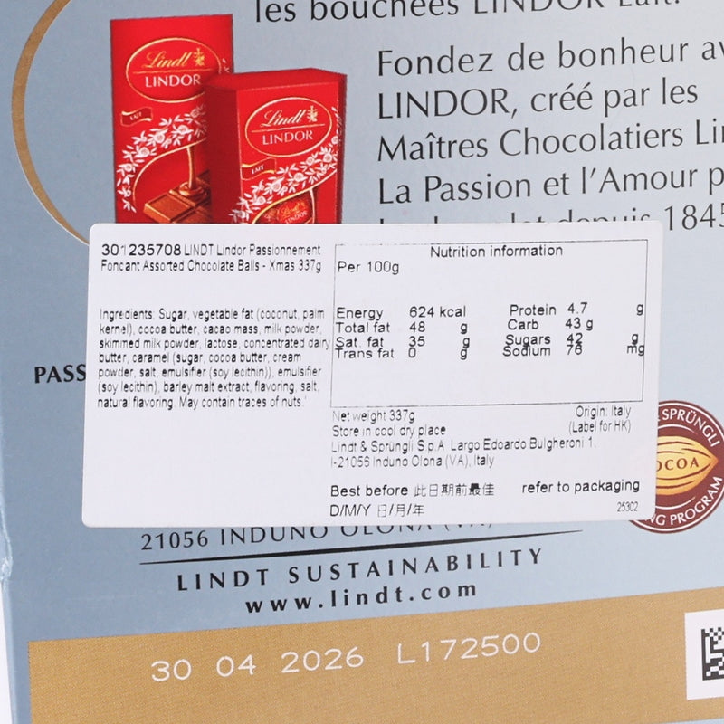 LINDT Lindor Passionnement Fondant Assorted Chocolate Balls - Xmas  (337g)