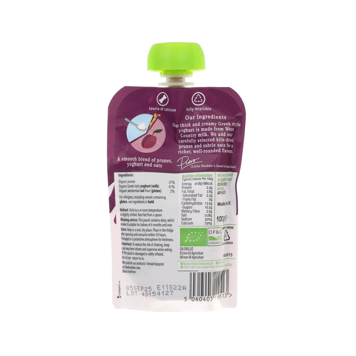 LITTLE FREDDIE Organic Perfect Start Prune Greek Style Yoghurt with Oats  (100g)