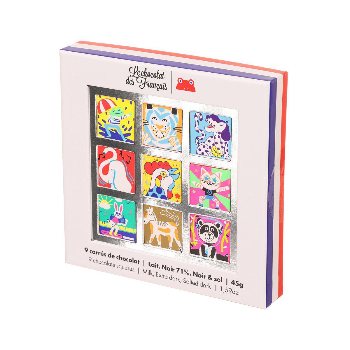 LE CHOCOLAT DES FRANCAIS 9 Assorted Organic Chocolate Squares Gift Box - Animal  (45g)