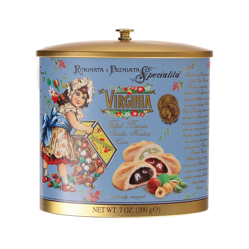 VIRGINIA Assorted Biscuits with Cocoa, Gianduia & Pistachio Cream - Blue Oval Tin  (200g)