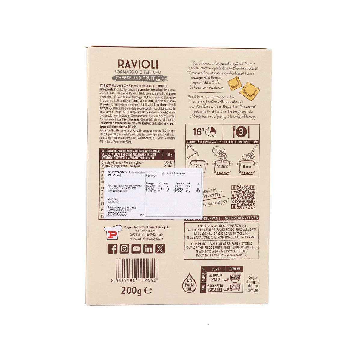 PAGANI Ravioli with Cheese and Truffle  (200g)