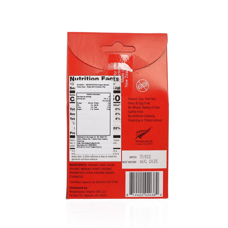 WEDDERSPOON Organic Manuka Honey Drops - Ginger with Echinacea  (120g)