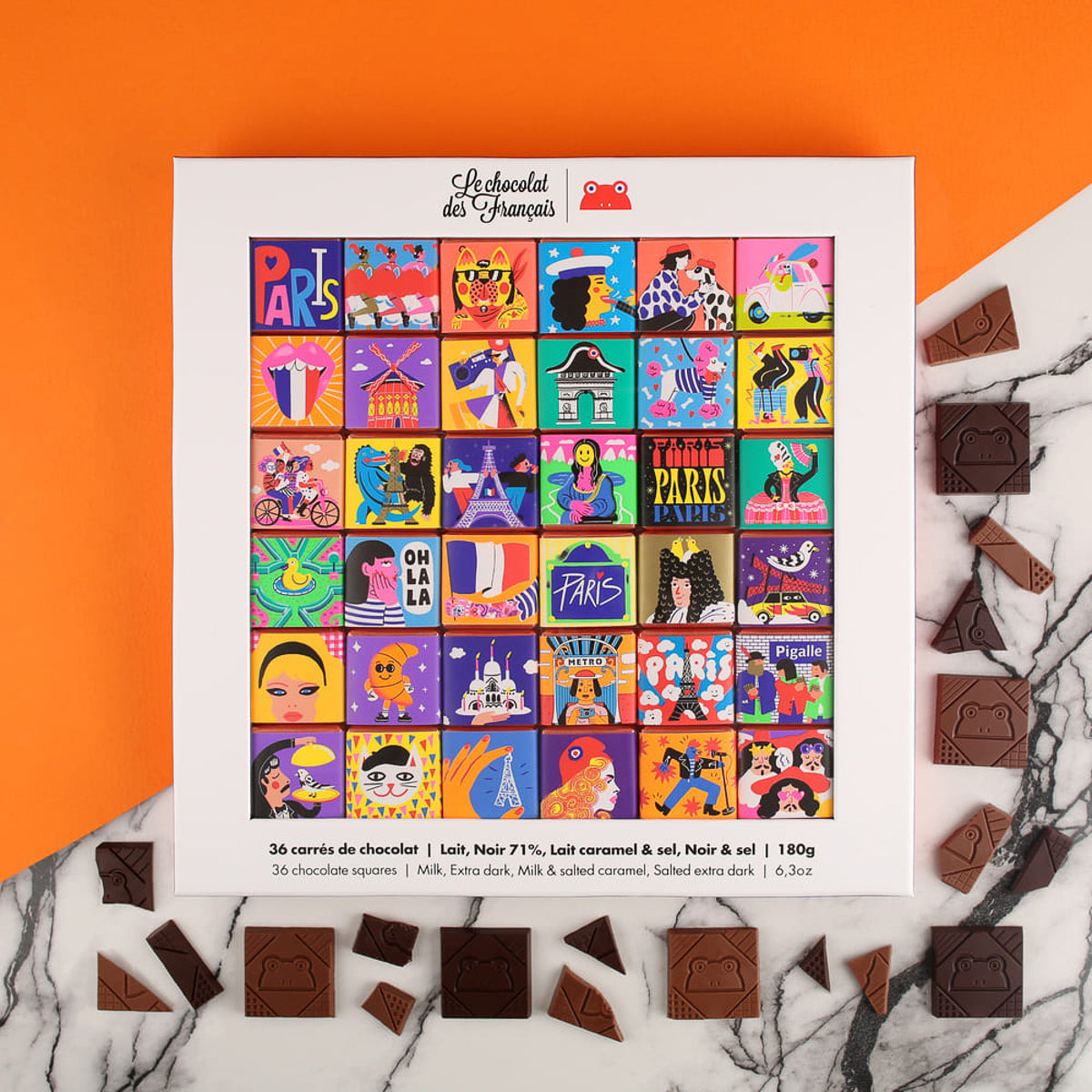 LE CHOCOLAT DES FRANCAIS 36 Assorted Organic Chocolate Squares Gift Box - France  (180g)