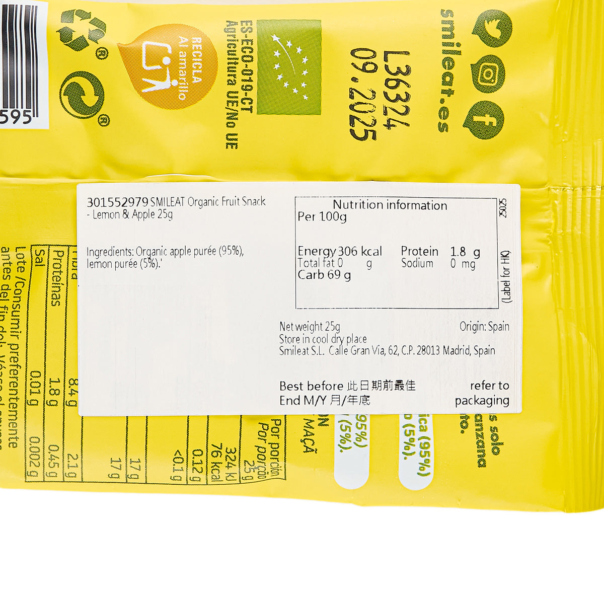 SMILEAT Organic Fruit Snack - Lemon & Apple  (25g)