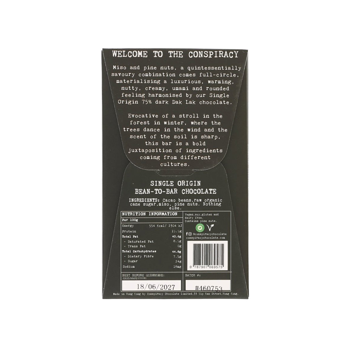 CONSPIRACY CHOCOLATE Single Origin 75% Dark Chocolate Bar - Miso Pine Nut  (50g)