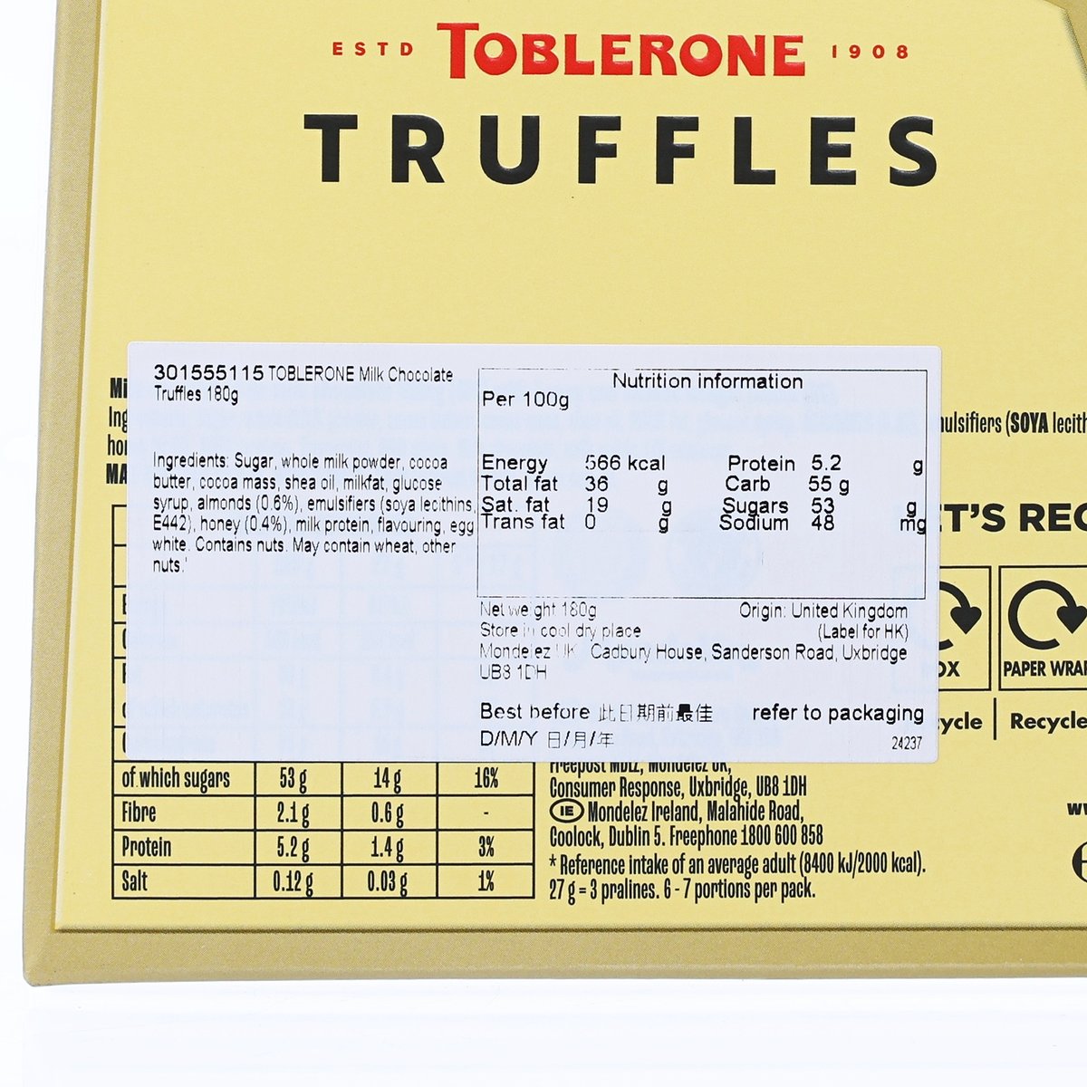 TOBLERONE Milk Chocolate Truffles Box  (180g)