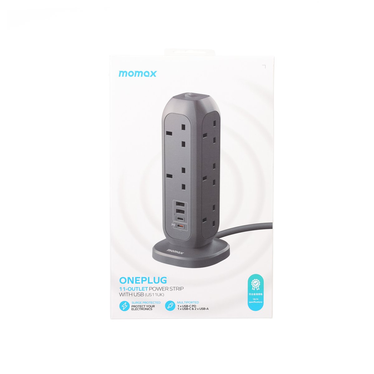 MOMAX ONEPLUG 11-Outlet Power Strip with USB - Grey