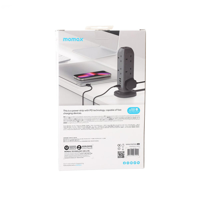 MOMAX ONEPLUG 11-Outlet Power Strip with USB - Grey