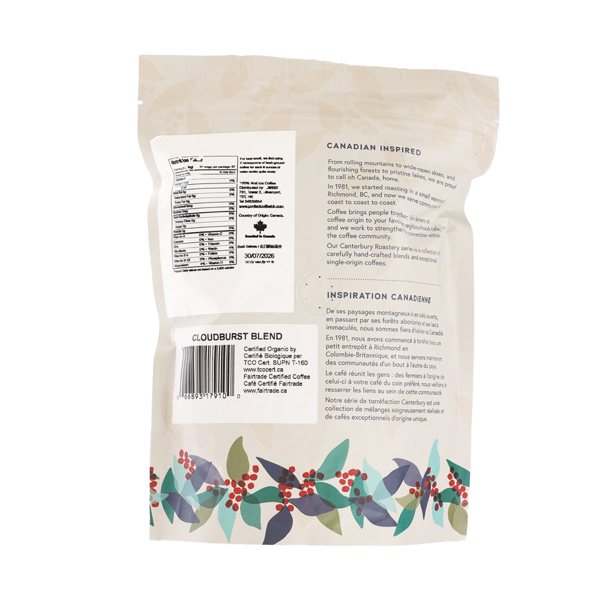 CANTERBURY Organic Cloudburst Blend Whole Coffee Bean - Dark Roast  (340g)