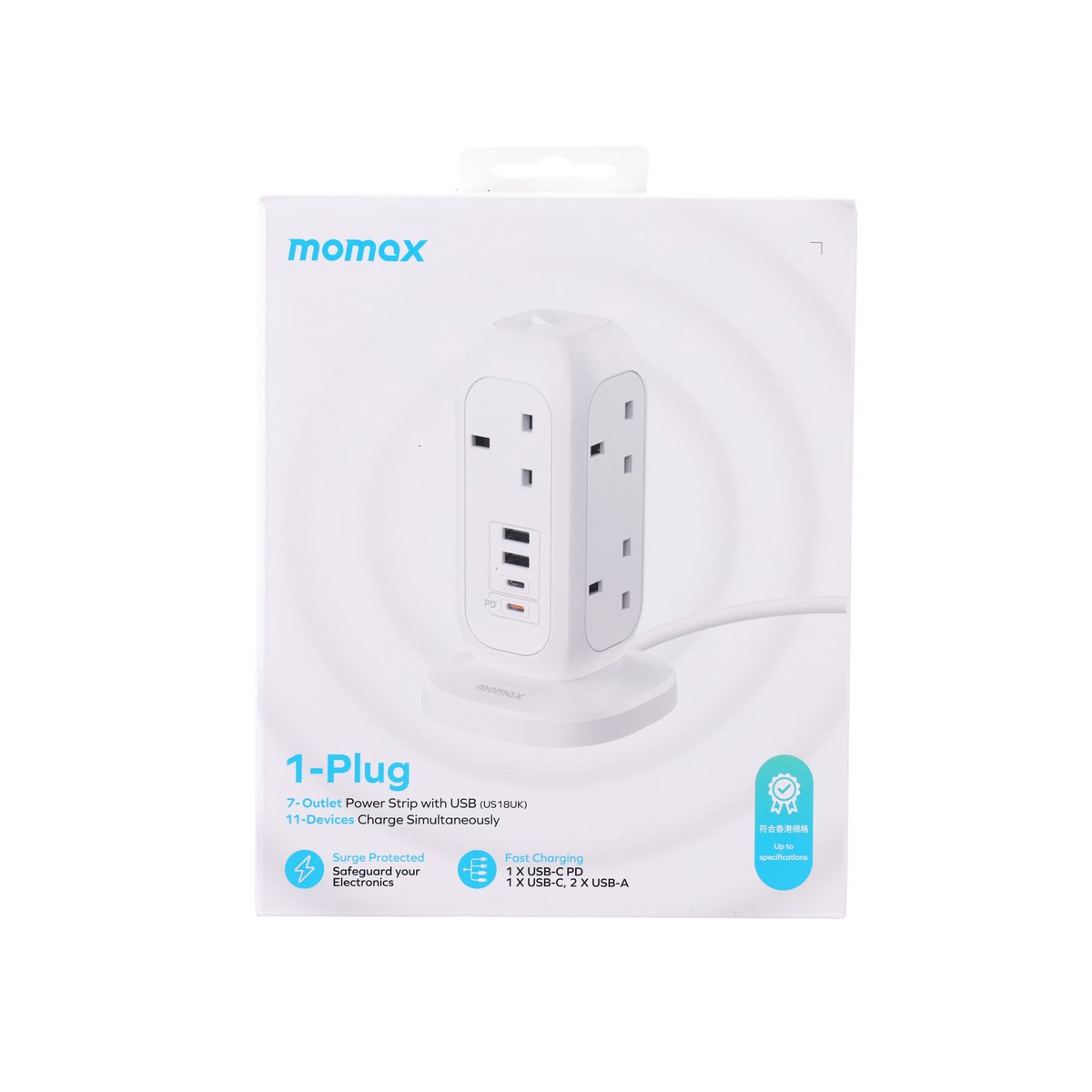 MOMAX ONEPLUG 7-Outlet Power Strip with USB - White