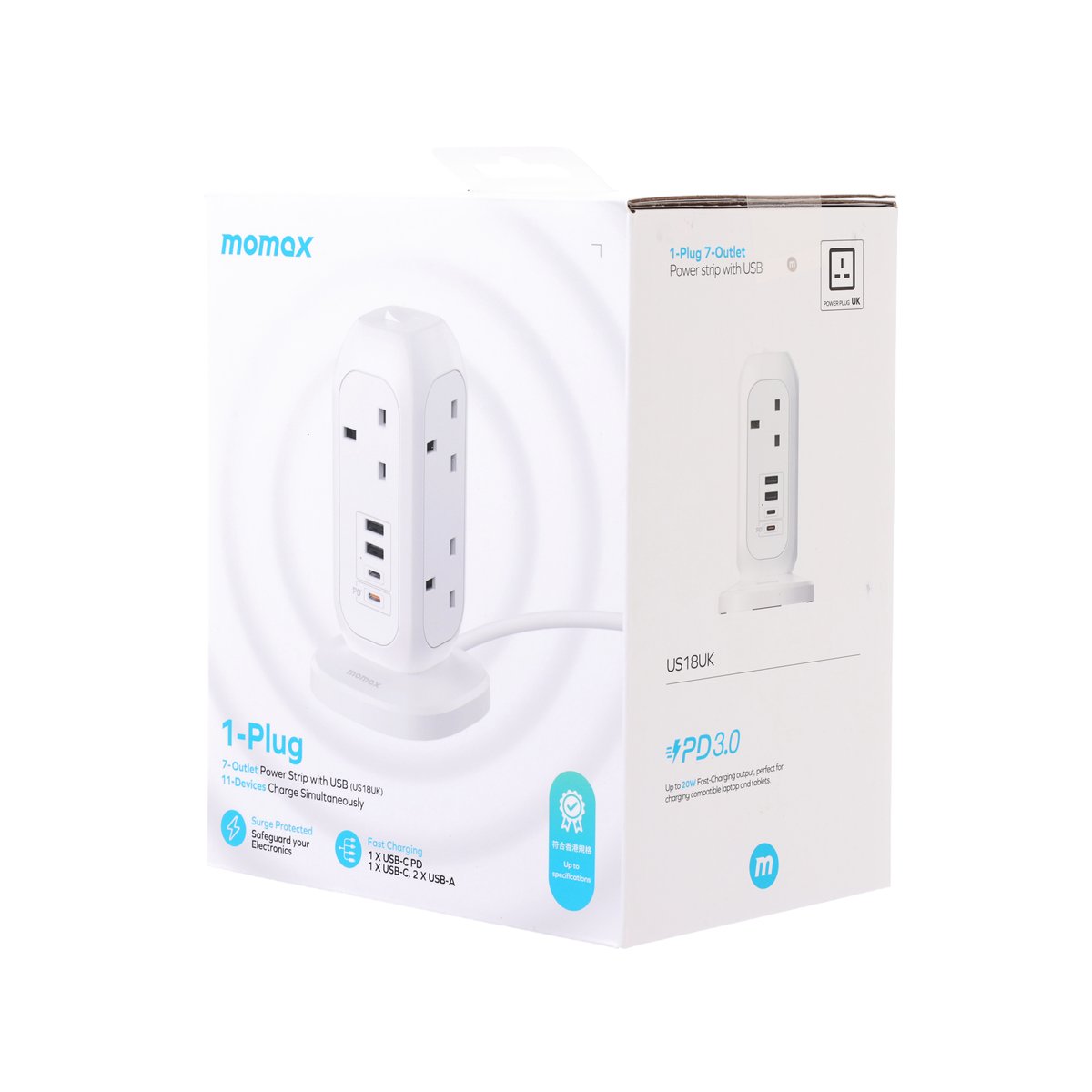 MOMAX ONEPLUG 7-Outlet Power Strip with USB - White