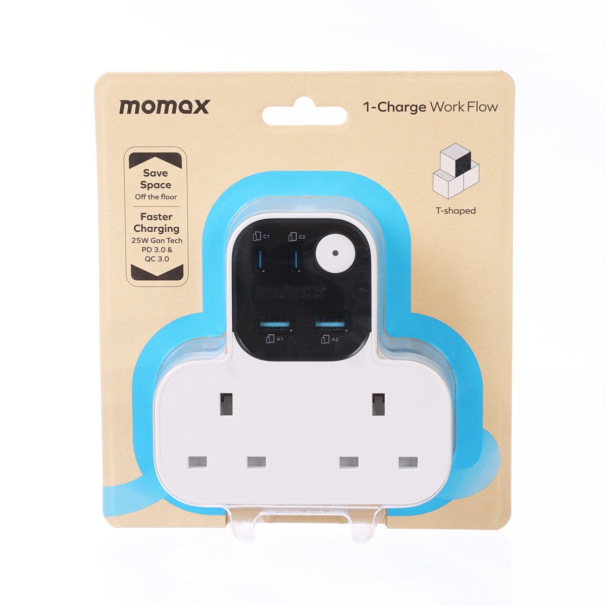 MOMAX 1-Charge Work Flow T-Shaped Extension - 2 Sockets with USB 1A1C - White