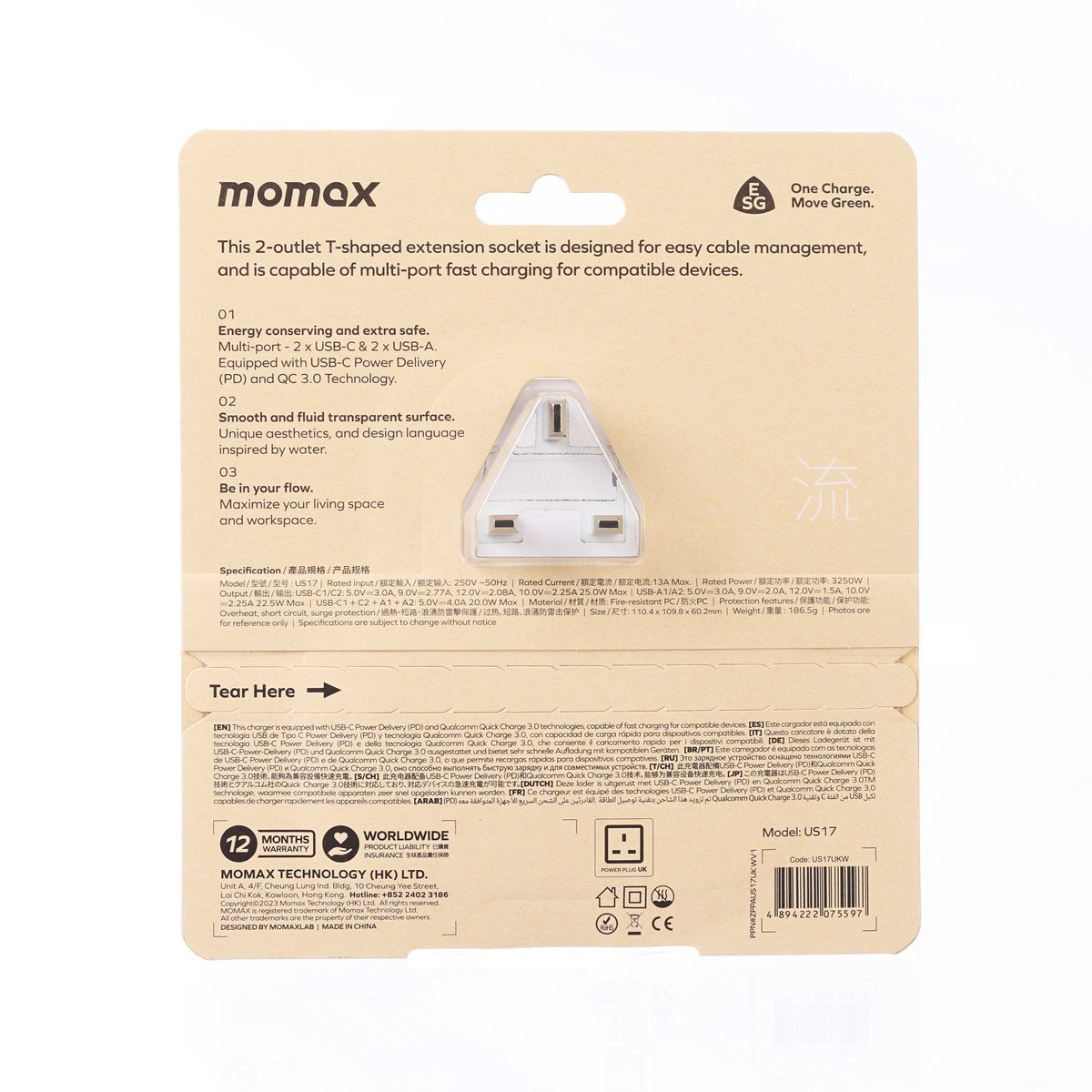 MOMAX 1-Charge Work Flow T-Shaped Extension - 2 Sockets with USB 1A1C - White