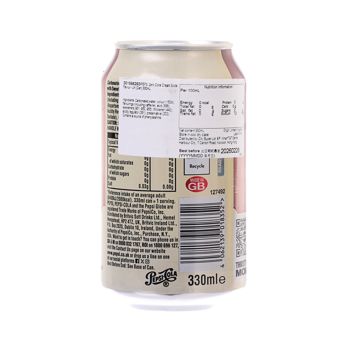 百事可樂 零糖忌廉梳打味可樂 - 英國 [罐裝]  (330mL)