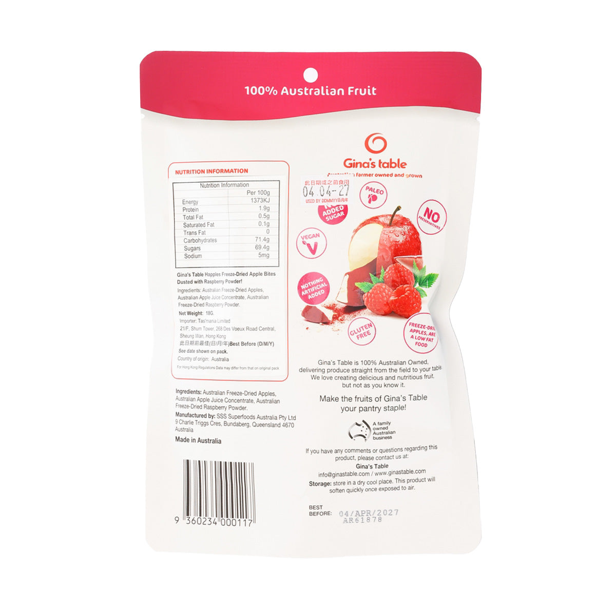GINAS TABLE Freeze-Dried Apple with Raspberry Powder  (18g)