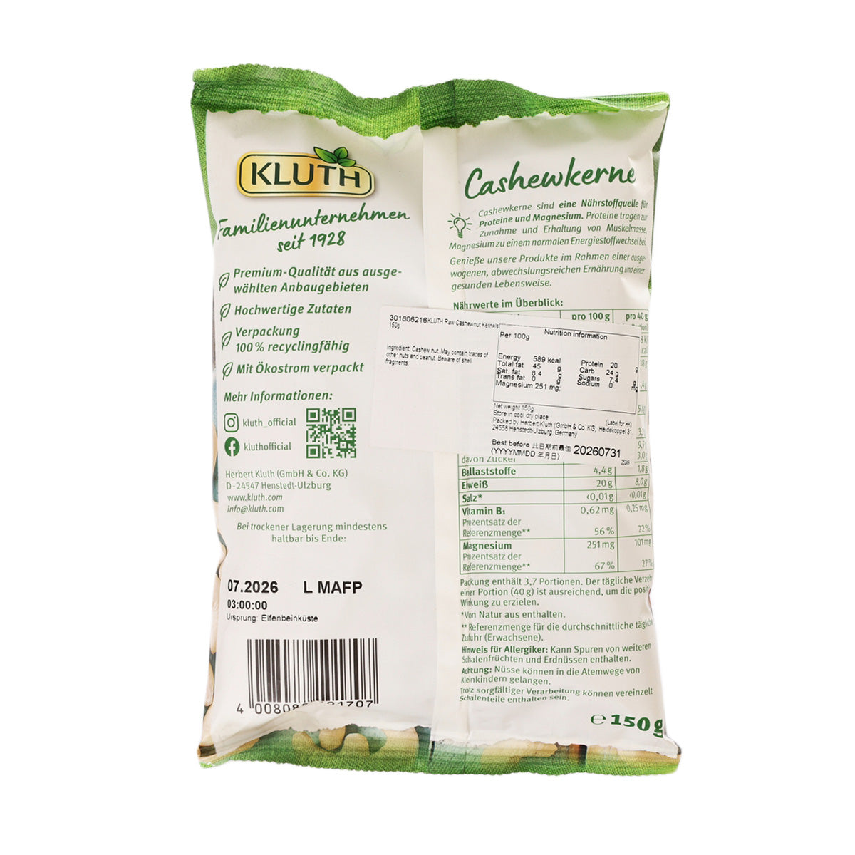 KLUTH Raw Cashewnut Kernels  (150g)