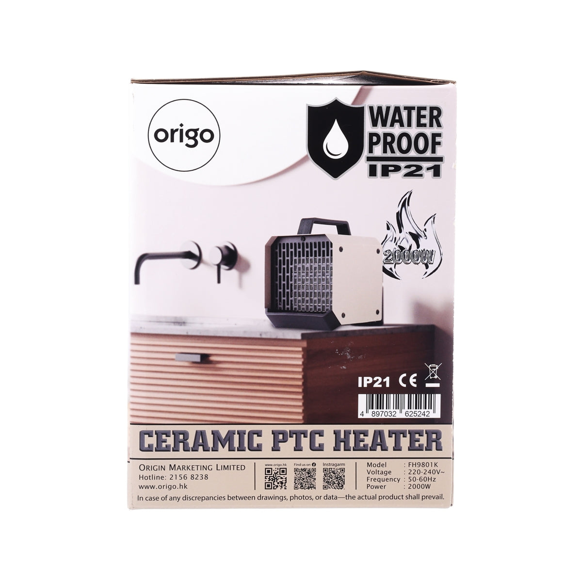 ORIGO 陶瓷暖風機 可於浴室使用 FH9801K