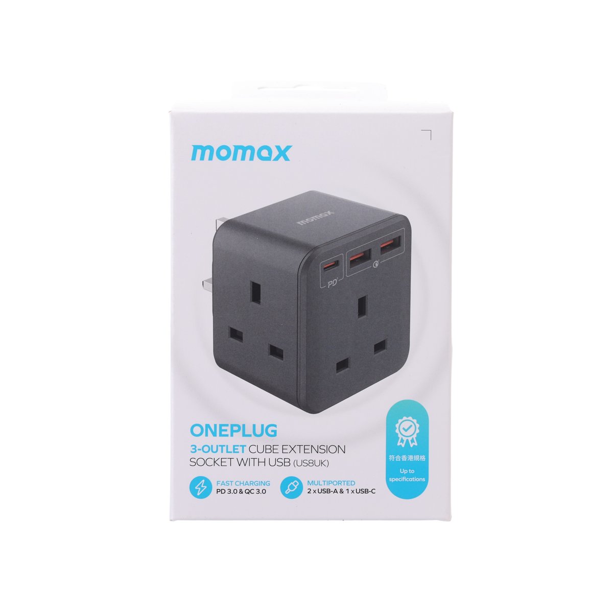 MOMAX Oneplug PD20W 3-Outlet Cube Extension Socket With USB US8 Black