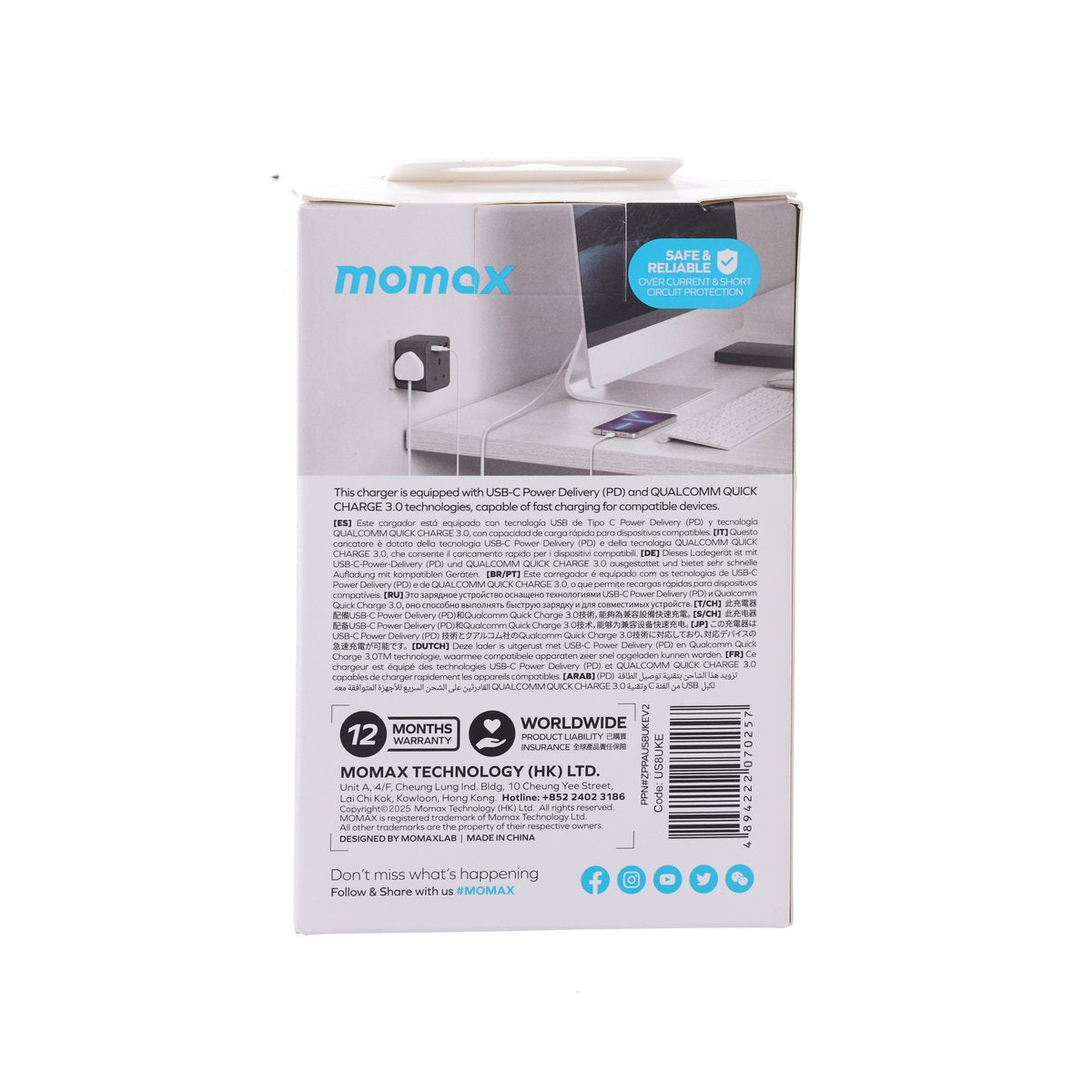 MOMAX Oneplug PD20W 3-Outlet Cube Extension Socket With USB US8 Black