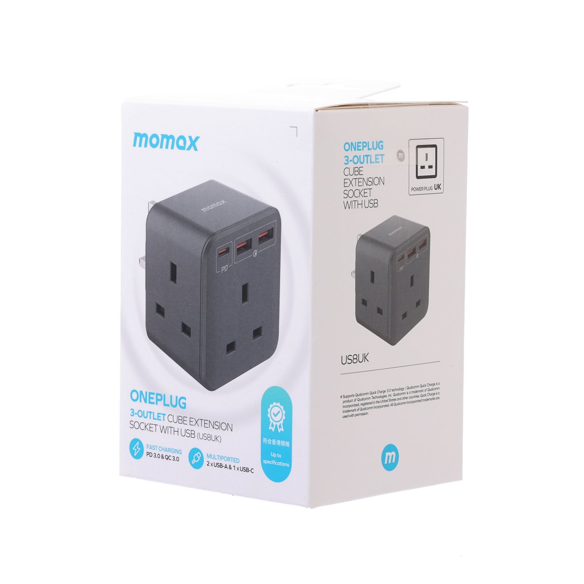 MOMAX Oneplug PD20W 3-Outlet Cube Extension Socket With USB US8 Black