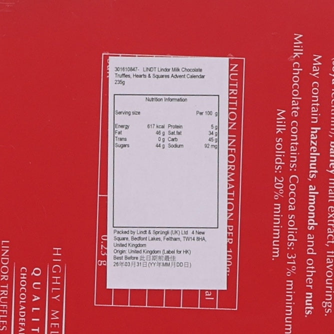 LINDT Lindor Milk Chocolate Truffles, Hearts & Squares Advent Calendar  (235g)