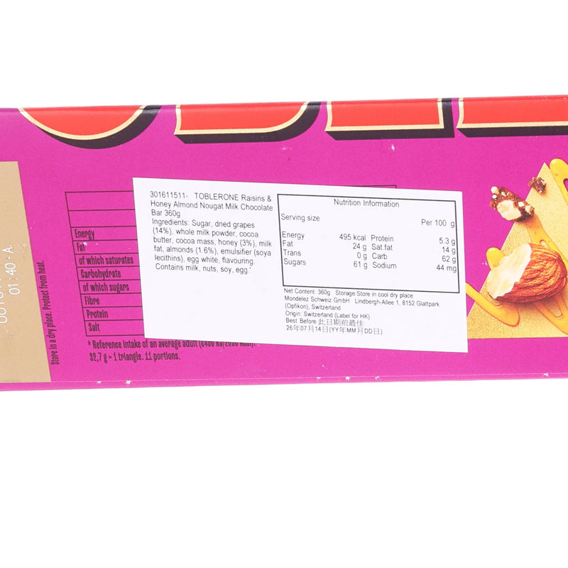 TOBLERONE Raisins & Honey Almond Nougat Milk Chocolate Bar  (360g)