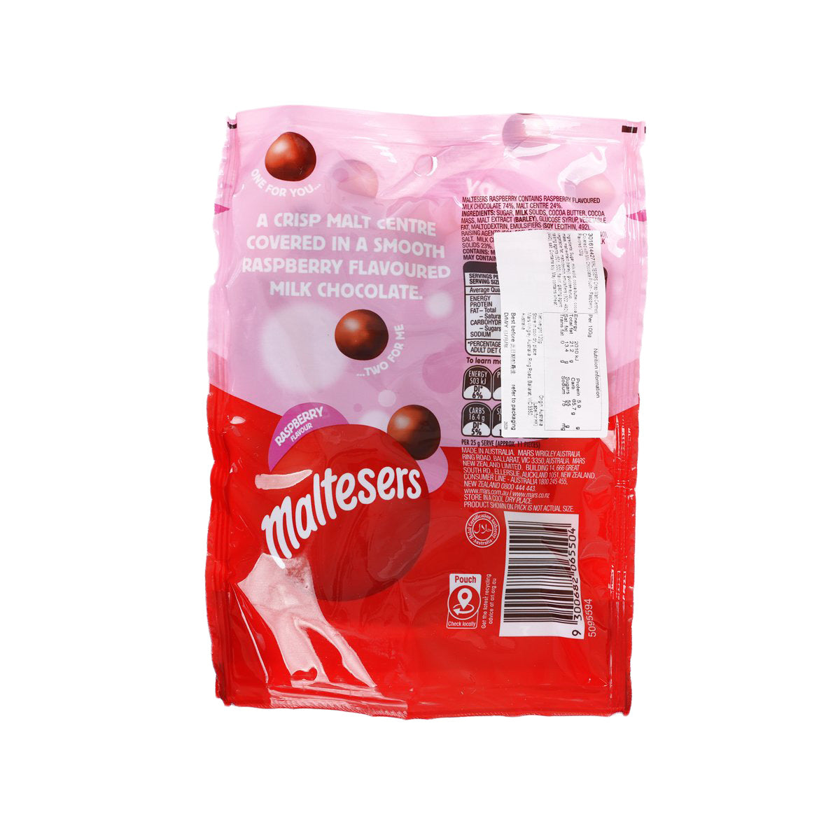 MALTESERS Crisp Malt Centres Covered with Milk Chocolate Pouch - Raspberry Flavored  (120g)