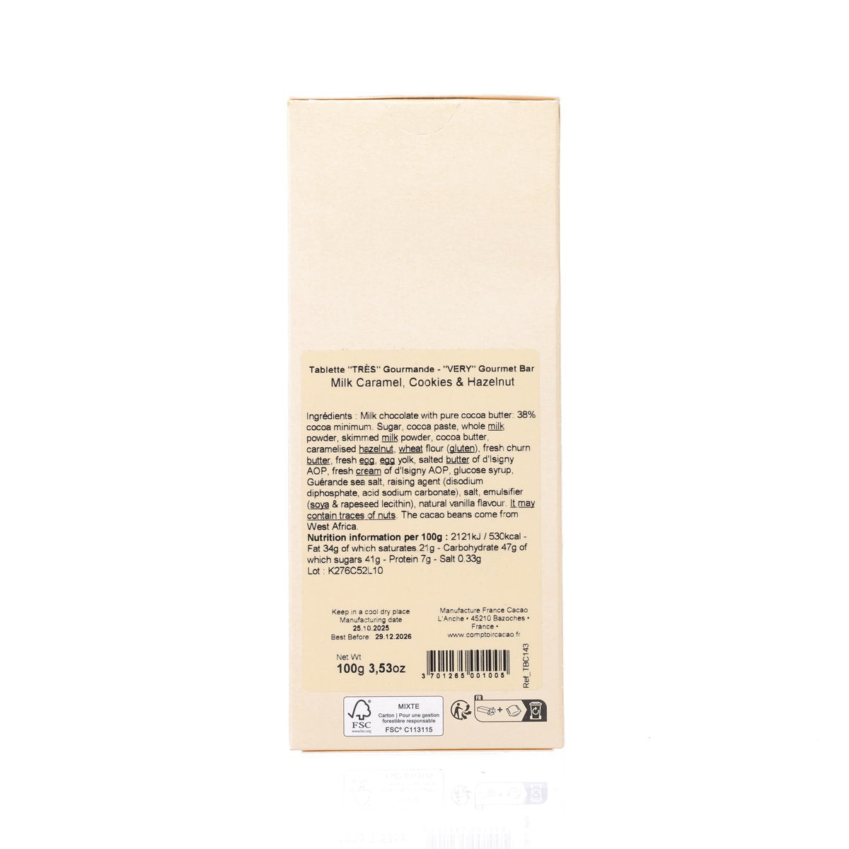 COMPTOIR DU CACAO 焦糖曲奇榛子牛奶朱古力  (100g)