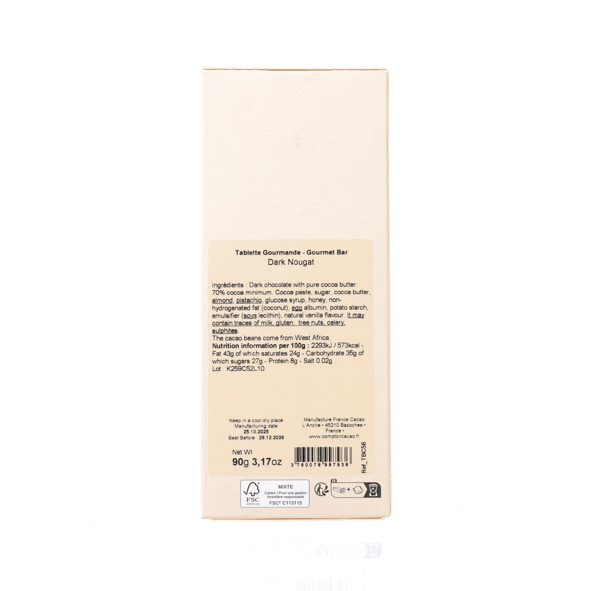 COMPTOIR DU CACAO 鳥結糖黑朱古力  (90g)