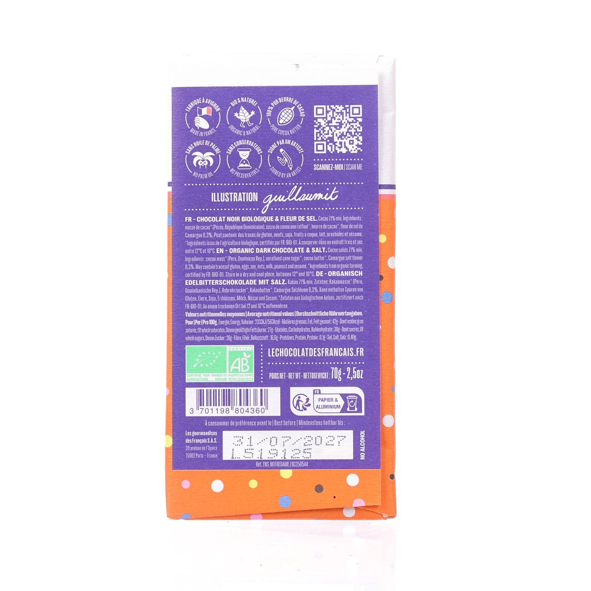 LE CHOCOLAT DES FRANCAIS 聖母院 - 有機鹽味黑朱古力  (70g)