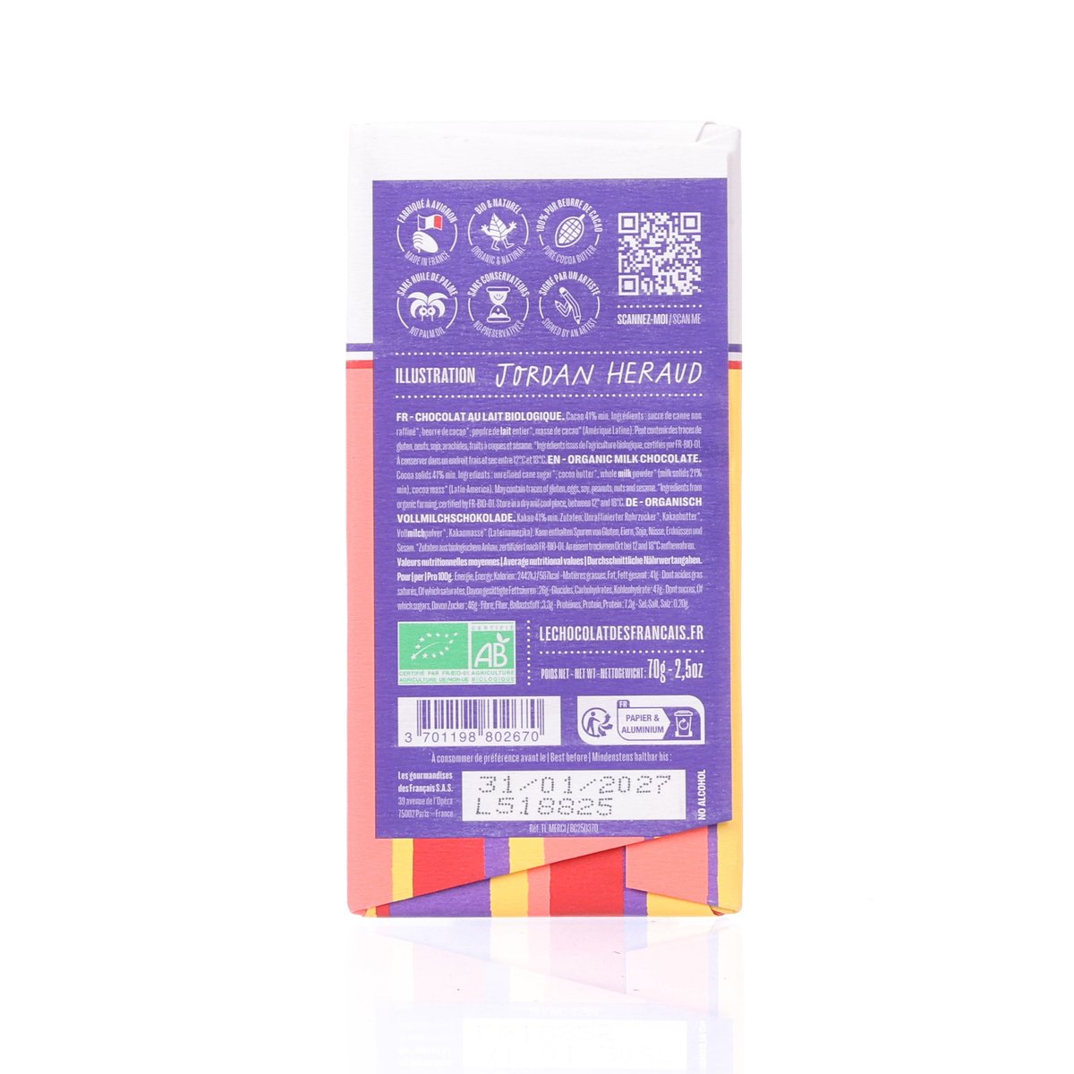 LE CHOCOLAT DES FRANCAIS 感謝 - 有機牛奶朱古力  (70g)