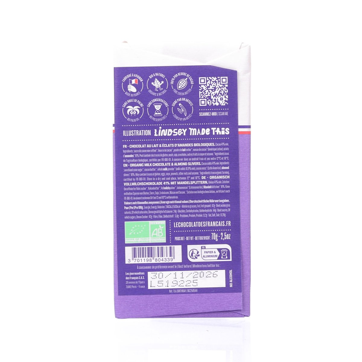 LE CHOCOLAT DES FRANCAIS 生日 - 有機杏仁牛奶朱古力  (70g)