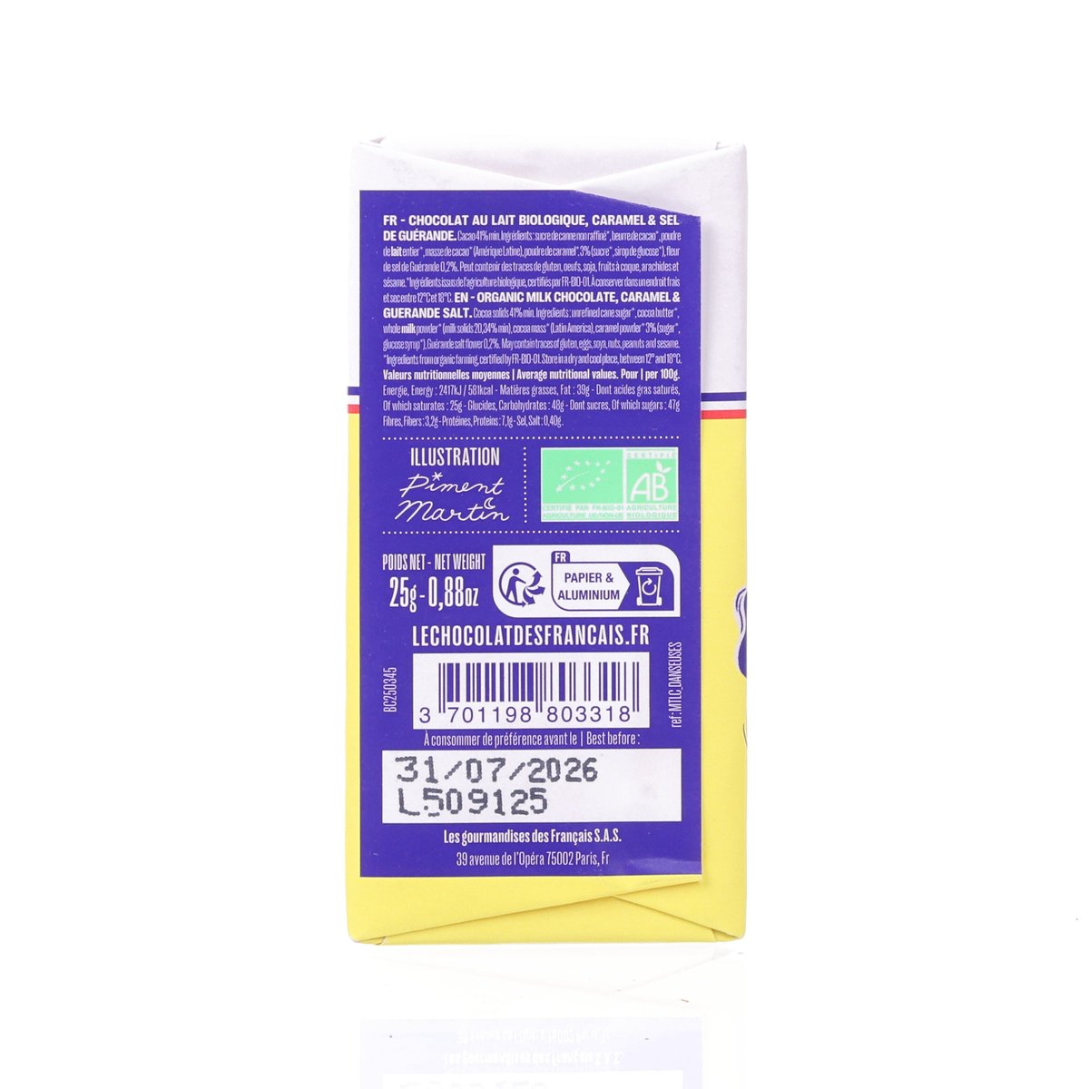 LE CHOCOLAT DES FRANCAIS Dancers - Organic Milk Chocolate & Salted Caramel Mini Bar  (25g)