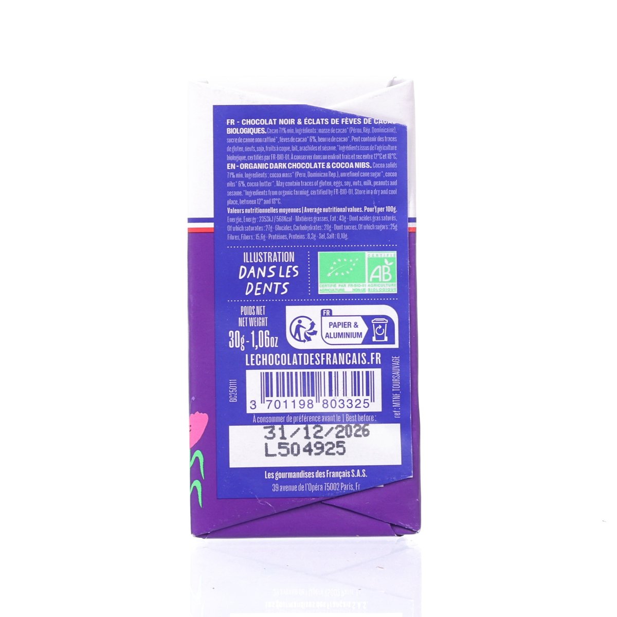 LE CHOCOLAT DES FRANCAIS 艾菲爾鐵塔 - 迷你有機可可豆黑朱古力  (25g)