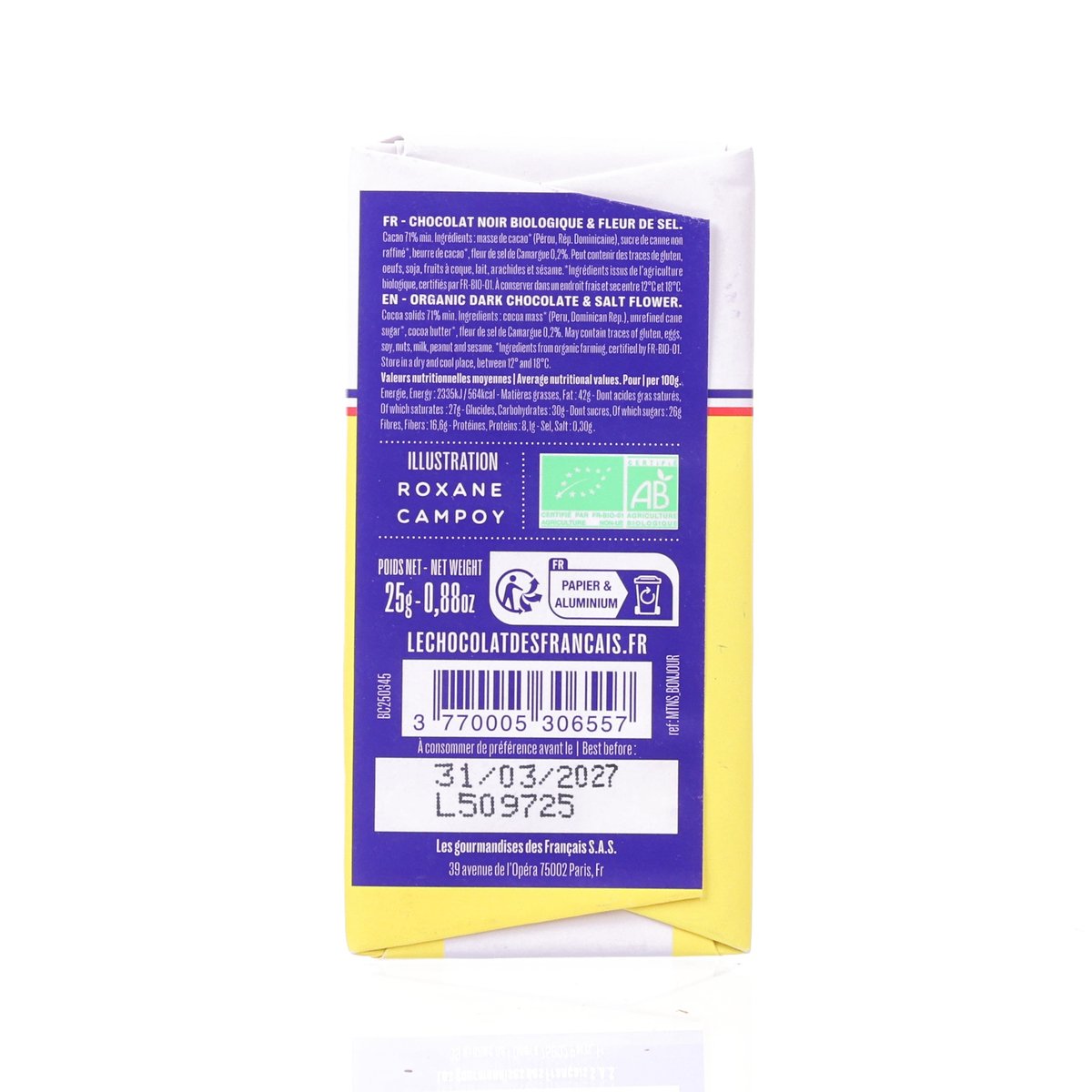 LE CHOCOLAT DES FRANCAIS Bonjour - Organic Extra Dark Chocolate & Salt Mini Bar  (25g)