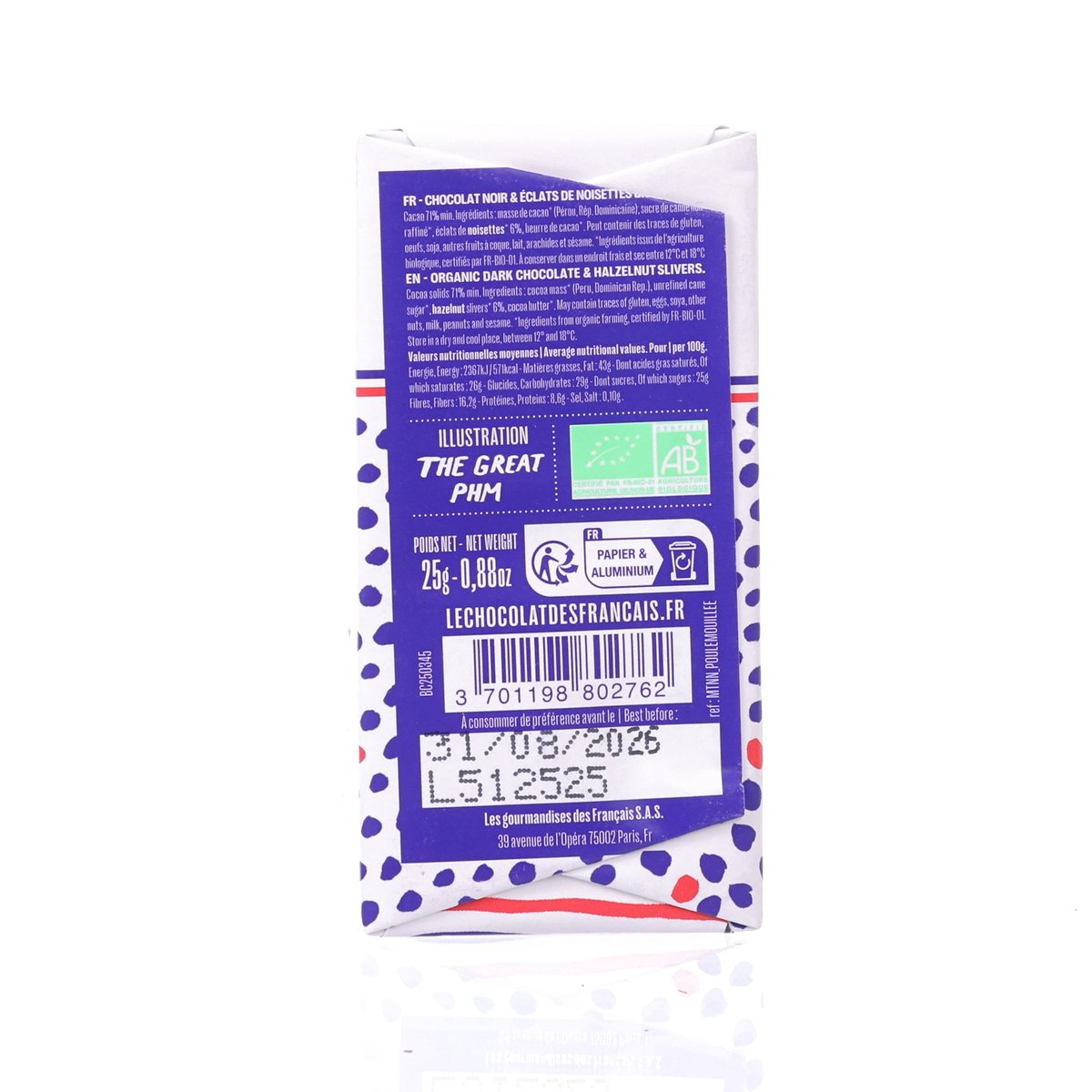 LE CHOCOLAT DES FRANCAIS Chick - Organic Extar Dark Chocolate & Hazelnuts Mini Bar  (25g)
