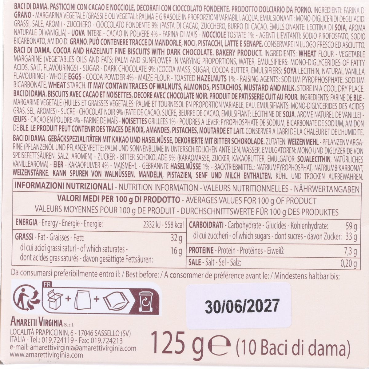 VIRGINIA Baci di Dama - Cocoa Cookies  (125g)