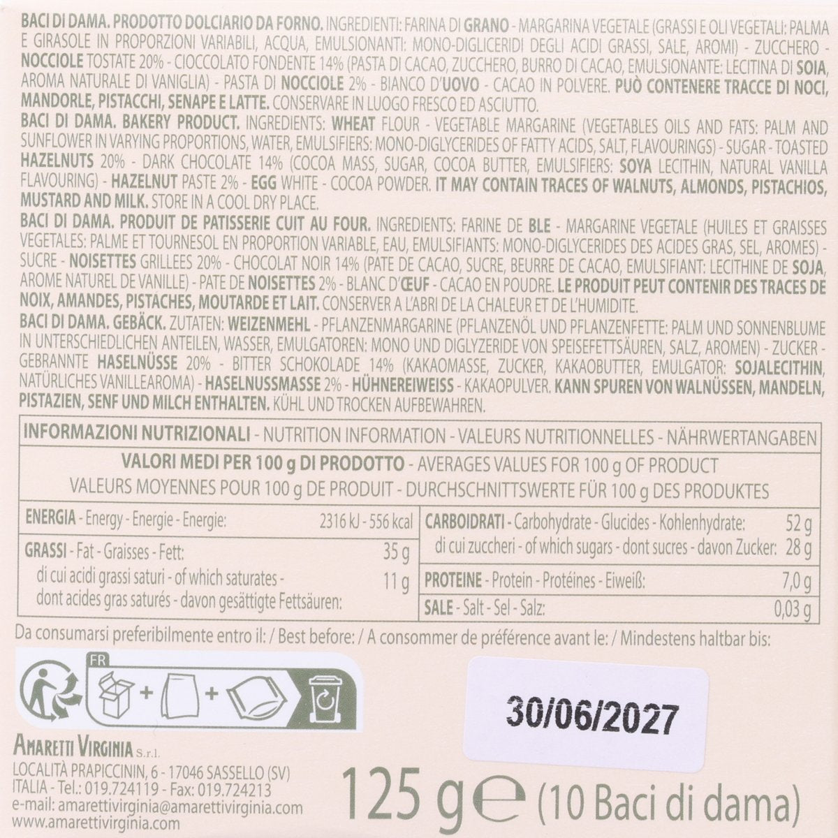 VIRGINIA Baci di Dama - Hazelnut Cookies  (125g)