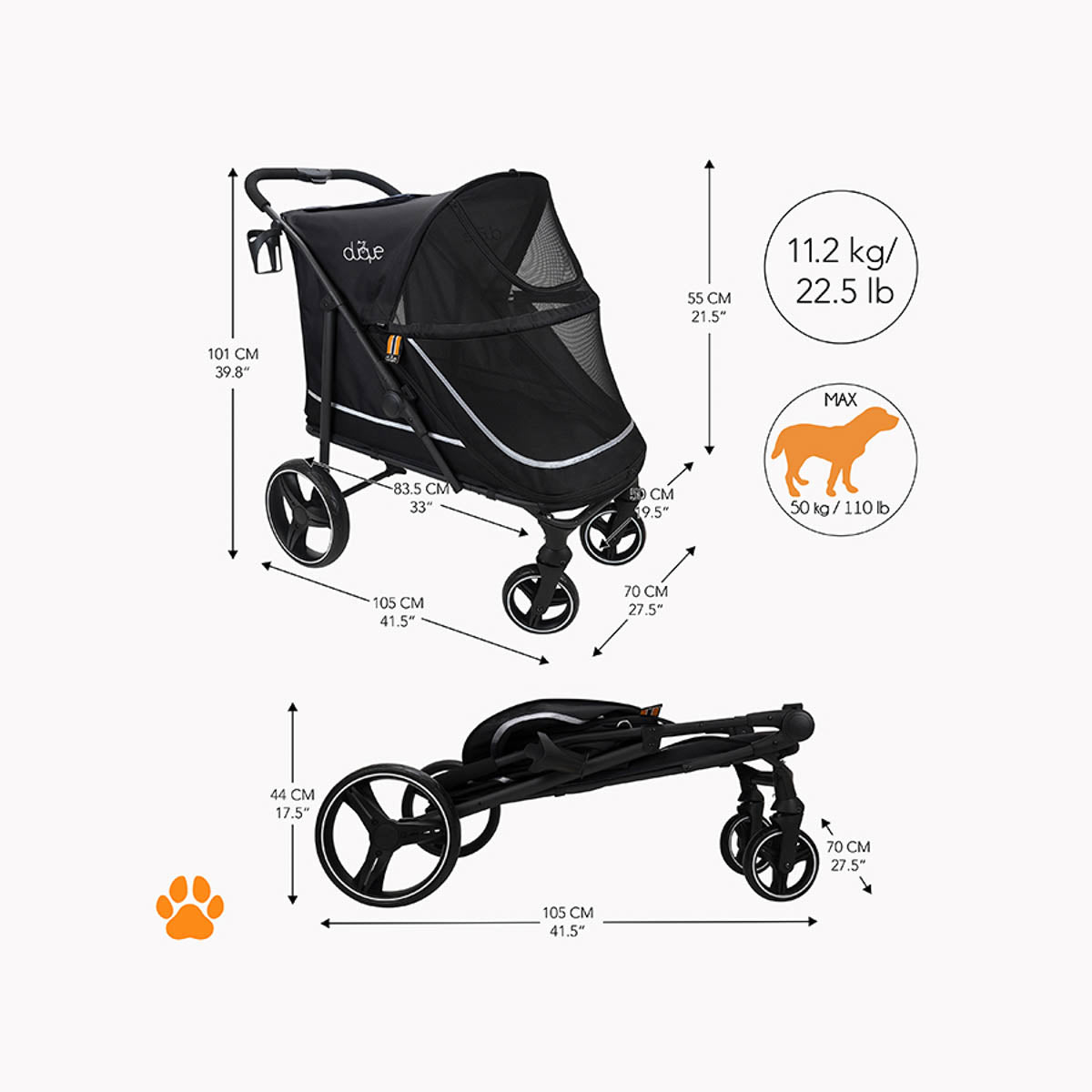 MY DUQUE CHAMP Big Pet Stroller with Raincover-Black