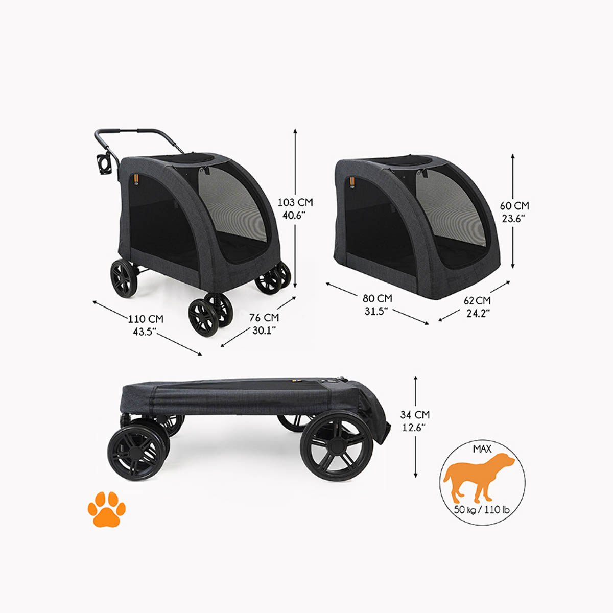 MY DUQUE CHESTER Big Pet Stroller with Raincover-Melange Black