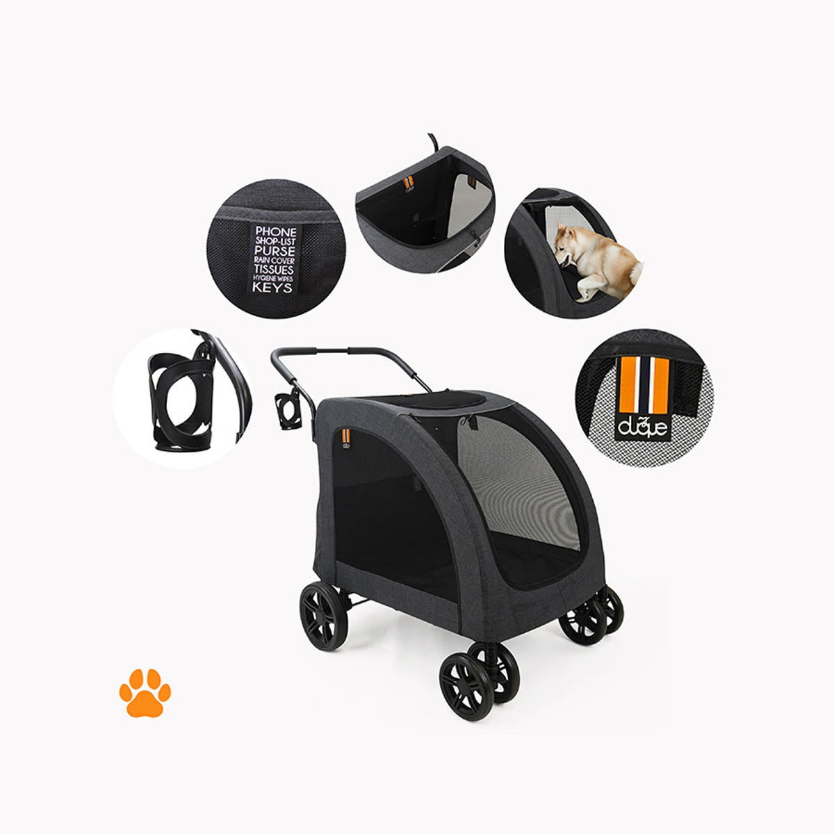 MY DUQUE CHESTER Big Pet Stroller with Raincover-Melange Black