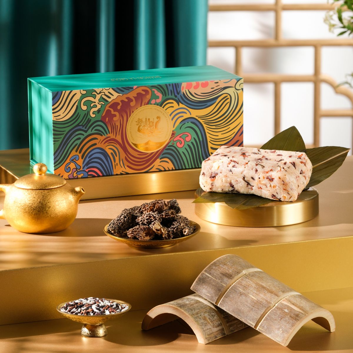Shang Palace Morel Mushrooms, Imperial Fungus and Assorted Mushrooms with Five Grains Dumpling served in Bamboo Voucher (1pc)