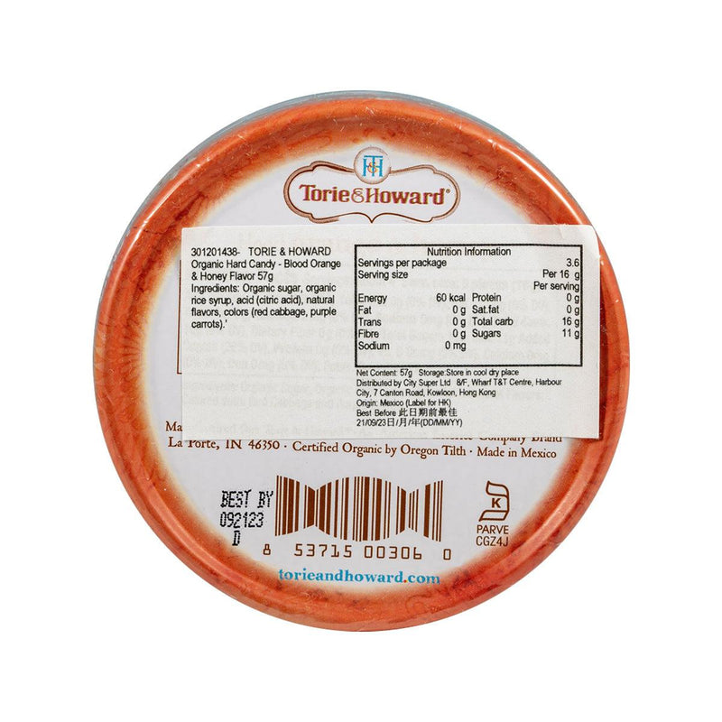 TORIE & HOWARD Organic Hard Candy - Blood Orange & Honey Flavor  (57g)