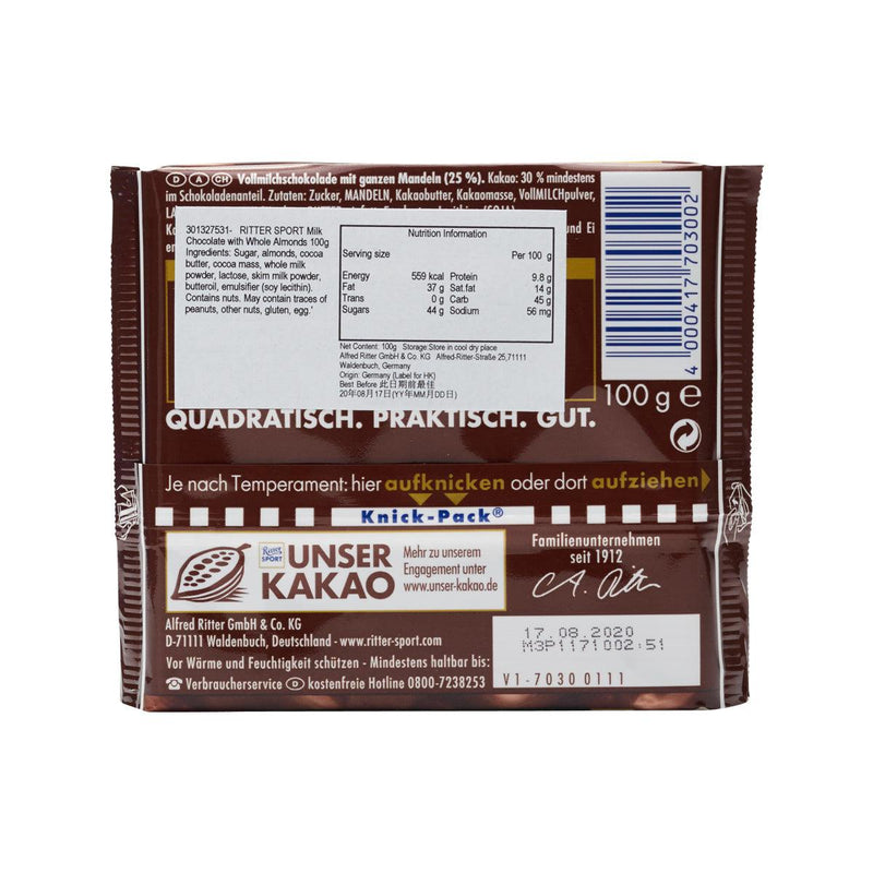 RITTER SPORT Milk Chocolate with Whole Almonds  (100g)
