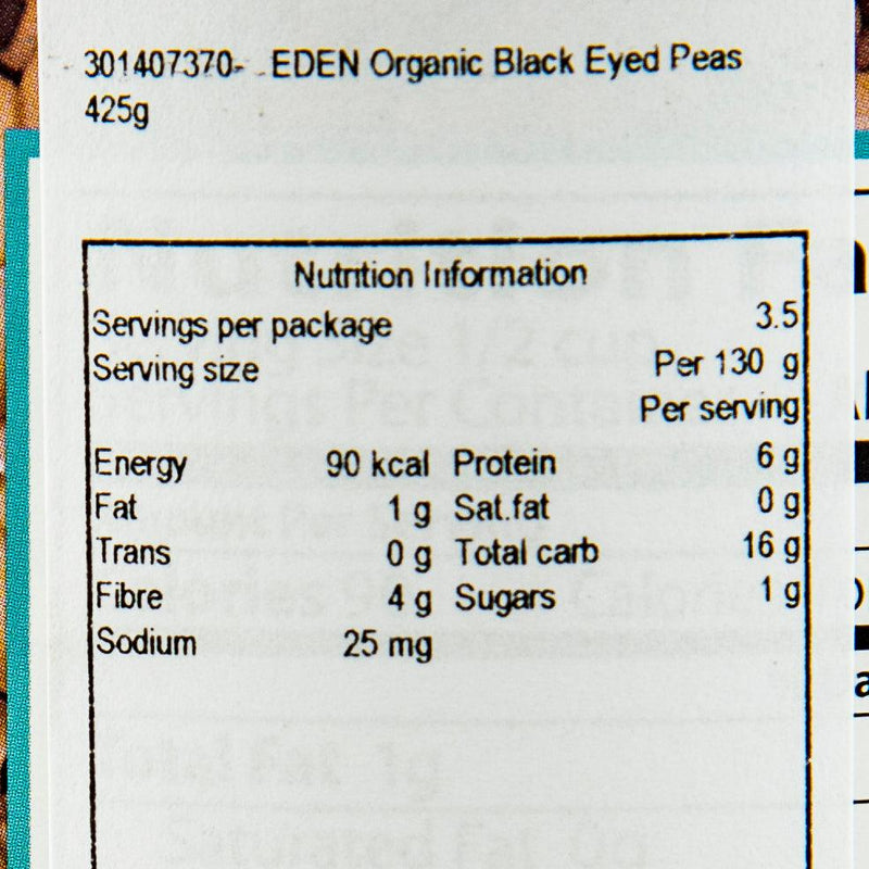 EDEN Organic Black Eyed Peas - No Salt Added  (425g)